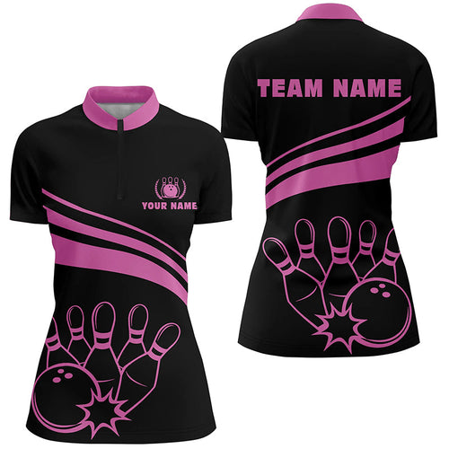 Personalized bowling Quarter Zip shirts for women, black womens bowling shirts team bowl jersey | Pink NQS6923