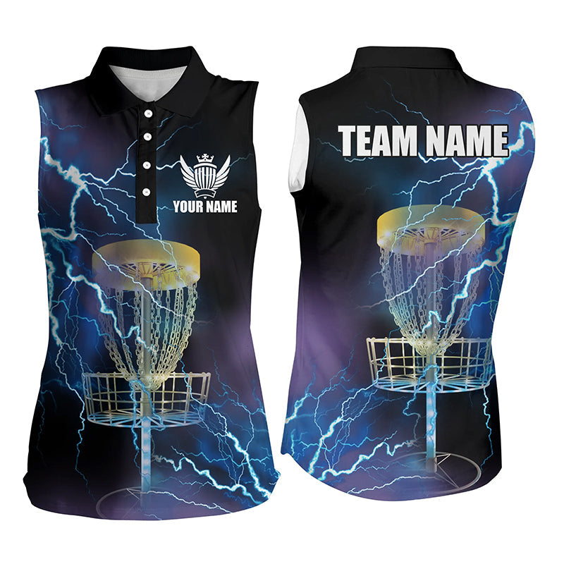 Women disc golf sleeveless polo shirt custom blue lightning thunder disc golf basket disco golf outfit NQS6265
