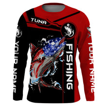 Load image into Gallery viewer, Tuna fishing American flag patriotic Custom Name men&#39;s performance Fishing Shirts, fishing apparel NQS3279