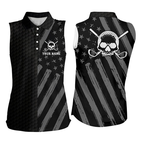 Womens sleeveless polo shirt black American flag custom golf skull clubs women golf shirts, golf gifts NQS6276