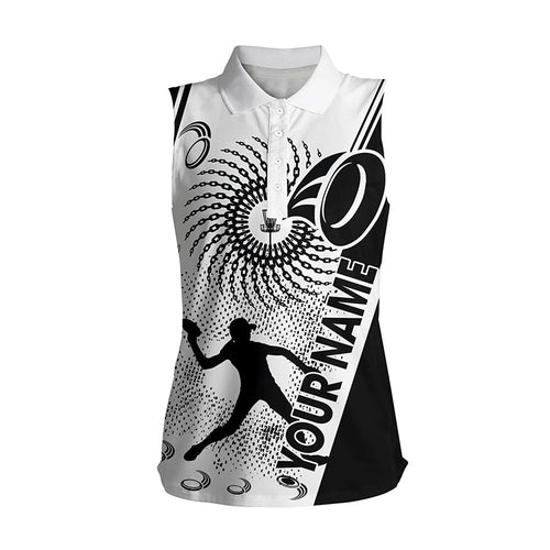 Black and white Womens sleeveless disc golf polo shirts custom disc golf shirt, disc golf gifts NQS6752