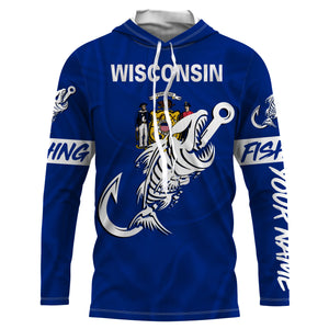 WI Wisconsin Fishing Flag Fish hook skull Custom sun protection fishing shirts for men, women, kid NQS3410