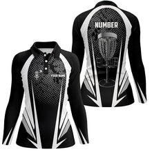 Load image into Gallery viewer, Womens disc golf polo shirt custom name, number black white disc golf jersey, womens disc golf apparel NQS6309