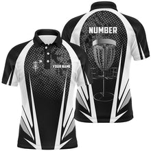 Load image into Gallery viewer, Mens disc golf polo shirt custom name, number black white disc golf jersey, mens disc golf apparel NQS6309