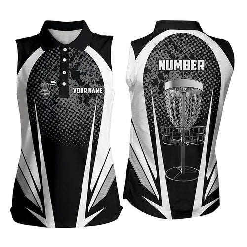 Women sleeveless disc golf polo shirt custom name, number black white disc golf jersey, golf apparel NQS6309