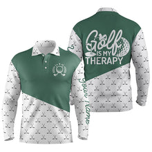 Load image into Gallery viewer, Golf is my therapy Mens golf polos shirts custom name green golf clubs pattern golf shirts for men NQS5155