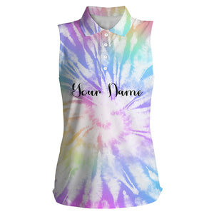 Womens sleeveless polo shirts watercolor tie dye background custom name golf shirt, golfing gift NQS4070