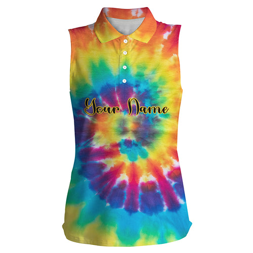 Womens sleeveless polo shirts with colorful tie dye background custom name golf shirt, golfing gift NQS4074