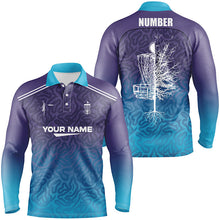 Load image into Gallery viewer, Blue purple gradient abstract Swirl pattern Mens disc golf polo shirts custom disc golf shirt NQS6810