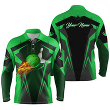 Load image into Gallery viewer, Personalized Men Bowling Polo Shirt Flame Bowling Ball and Pins, bowling polo for men bowlers | Green NQS4503