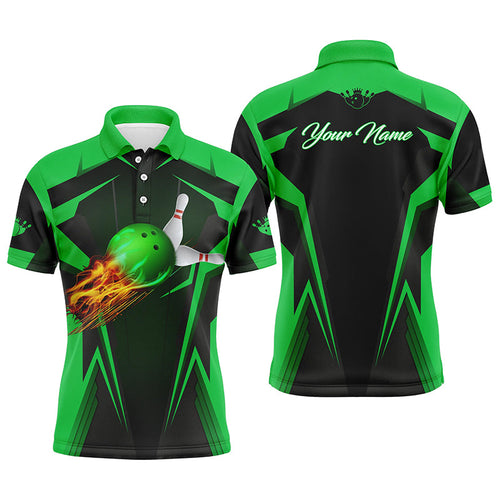Personalized Men Bowling Polo Shirt Flame Bowling Ball and Pins, bowling polo for men bowlers | Green NQS4503