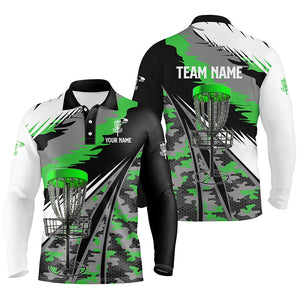 Mens disc golf polo shirts custom green camo disc golf basket disc golf outfit, team disc golf apparel NQS7003