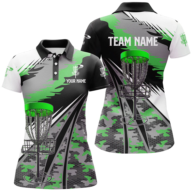 Women disc golf polo shirts custom green camo disc golf basket team disc golf outfit NQS7003