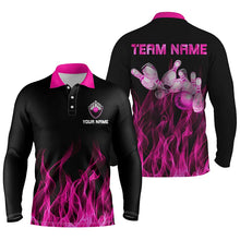 Load image into Gallery viewer, Personalized Men polo Bowling Shirt Pink Flame Bowling Ball &amp; Pins camo bowling jersey for men Bowler NQS5880