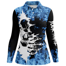 Load image into Gallery viewer, Black Womens golf polo shirts custom blue fire skull golf shirts, personalized golf gifts NQS6544