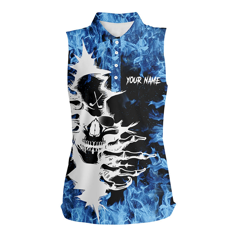 Black Womens sleeveless golf polo shirts custom blue fire skull golf shirts, personalized golf gifts NQS6544