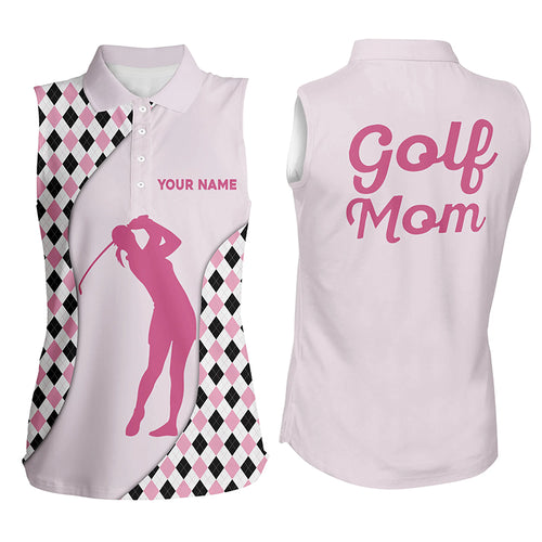 Women sleeveless polo shirt custom golf mom pink argyle pattern golf gifts for mom, mother's day gifts NQS5176