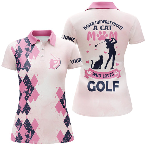 Pink Womens polo shirt custom never underestimate a cat mom who loves golf mother's day gift for mom NQS5180