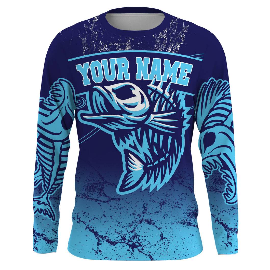 Fish reaper skull fishing tattoo jerseys, Fish skeleton Long Sleeve Fishing tournament shirts | Blue NQS3720