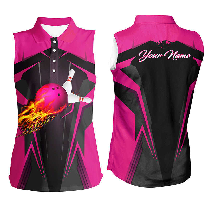 Personalized Women sleeveless polo shirts Flame Bowling Ball Pins, bowling polo for bowlers | Pink NQS7014