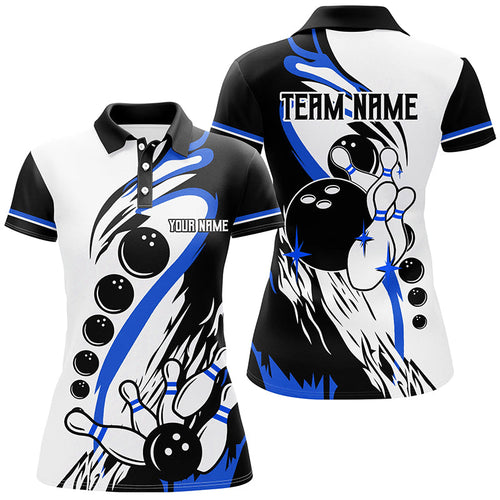 Black and white retro bowling league jerseys custom Women Bowling Polo Shirts, gifts for bowler | Blue NQS7154