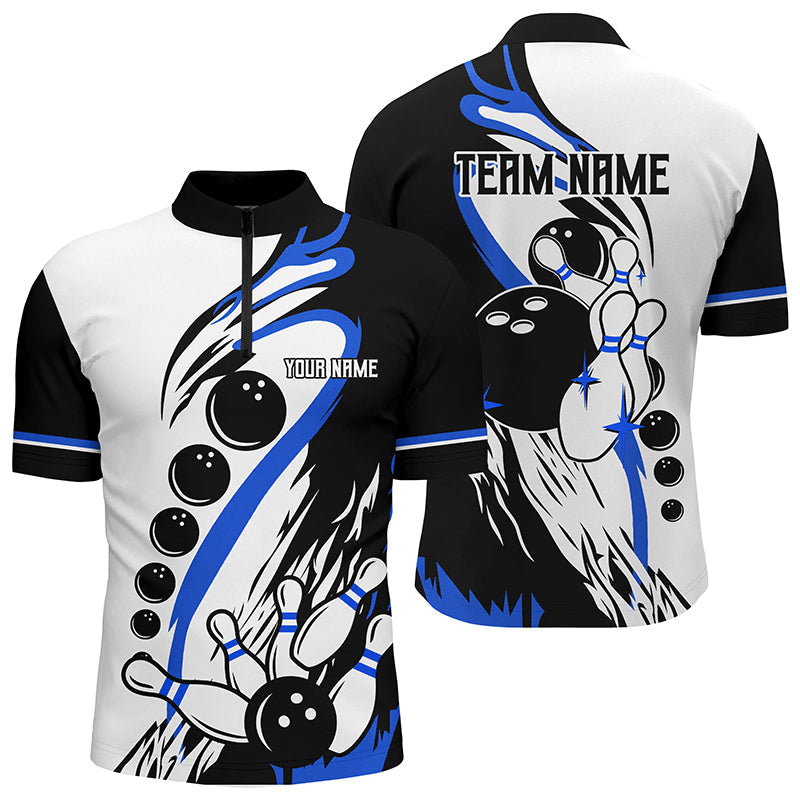 Black white retro bowling league jersey custom Men Bowling Quarter Zip Shirt, gifts for bowlers | Blue NQS7154