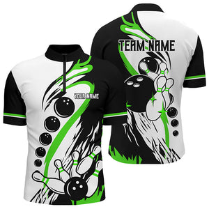 Black white retro bowling league jersey custom Men Bowling Quarter Zip Shirt, gifts for bowlers| Green NQS7155