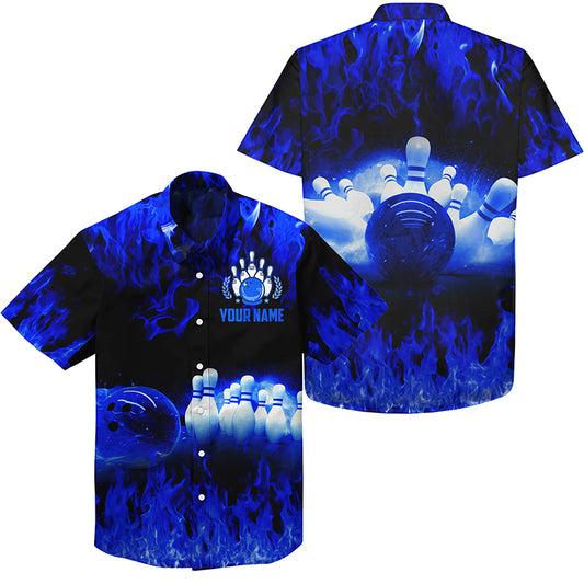 Custom Blue Hawaiian bowling shirt for men – personalized team jersey front view