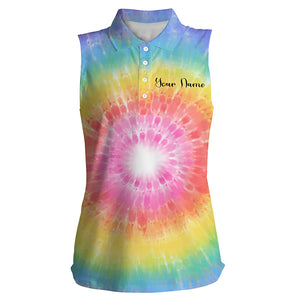 Womens sleeveless polo shirts with rainbow coloured tie dye painted custom golf shirt, golfing gift NQS4660