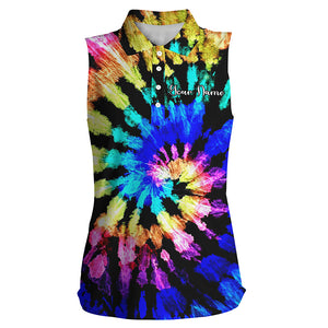 Womens sleeveless polo shirts with tie dye pattern custom name pattern golf shirt for women, golf tops NQS4662