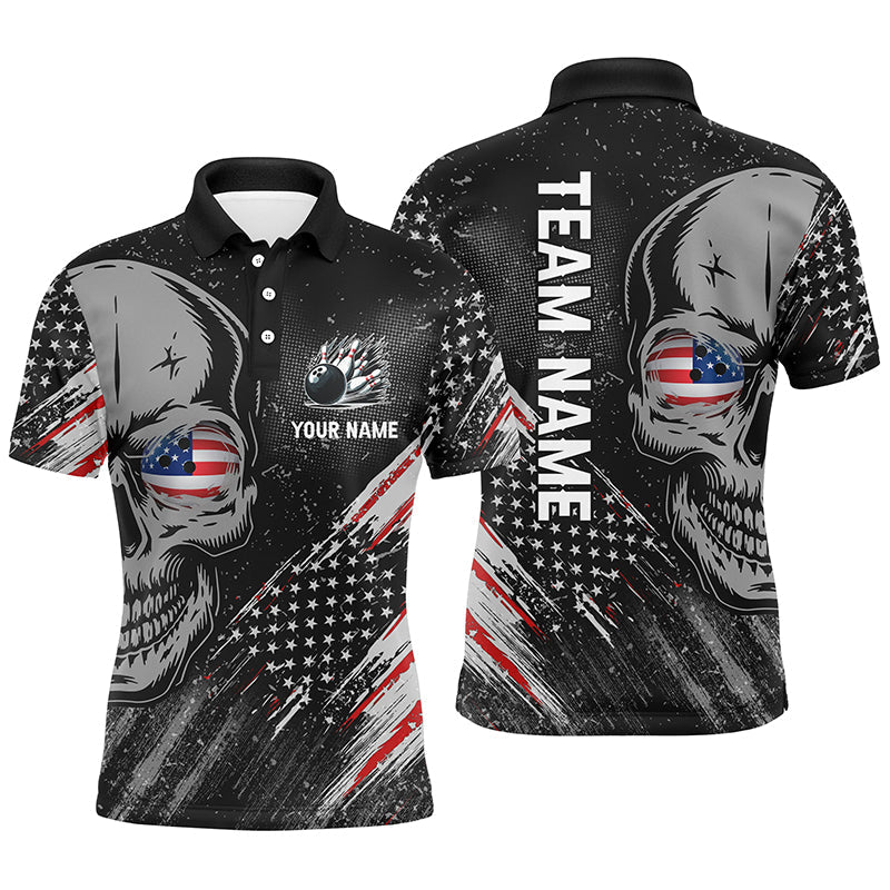 Black American flag retro bowling league jerseys custom skull Men Bowling Polo Shirt, gifts for bowler NQS7158