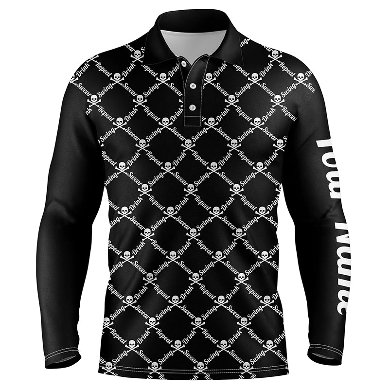 Mens golf polo shirt swing swear drink repeat golf skull custom name golf wear for mens | Black NQS4885