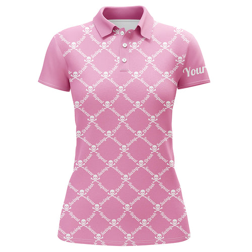 Womens golf polo shirt swing swear drink repeat golf skull custom name golf shirt women | Pink NQS4885