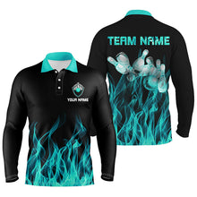 Load image into Gallery viewer, Personalized Men polo Bowling Shirt Turquoise Flame Bowling Ball Pins bowling jerseys for men Bowler NQS6822