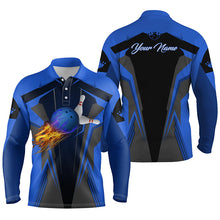 Load image into Gallery viewer, Personalized Men Bowling Polo Shirt Flame Bowling Ball and Pins, bowling polo for men bowlers | Blue NQS4527