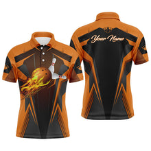 Load image into Gallery viewer, Personalized Men Bowling Polo Shirt Flame Bowling Ball and Pins, bowling polo for men bowlers | Orange NQS4528