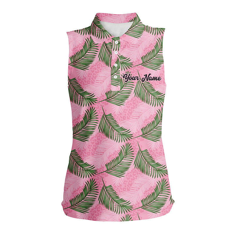 Women sleeveless polo shirt custom pink leopard palm leaves tropical golf shirts, womens golf clothes NQS6373