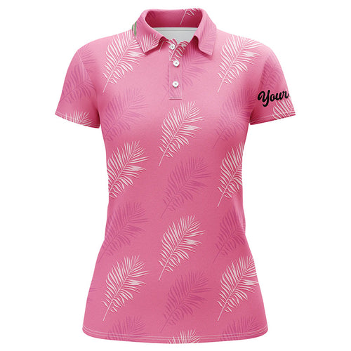 Women golf polo shirts custom pink palm leaves tropical pattern golf shirts, womens golf tops NQS6374