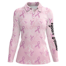 Load image into Gallery viewer, Pink ribbon pattern Breast Cancer Awareness golf shirts custom name Women golf polo shirts NQS6377