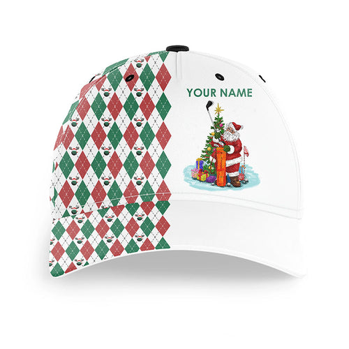 Funny Santa golfer hat custom name Christmas plaid argyle golf ball pattern, Christmas golf gifts NQS6841