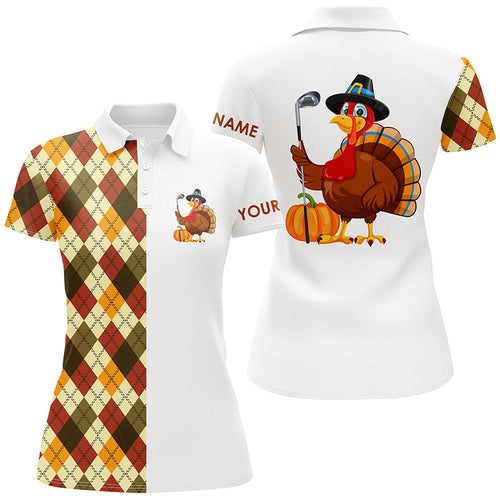 Thanksgiving argyle plaid pattern custom Women golf polo shirt, Turkey Bird golf tops for ladies NQS6850