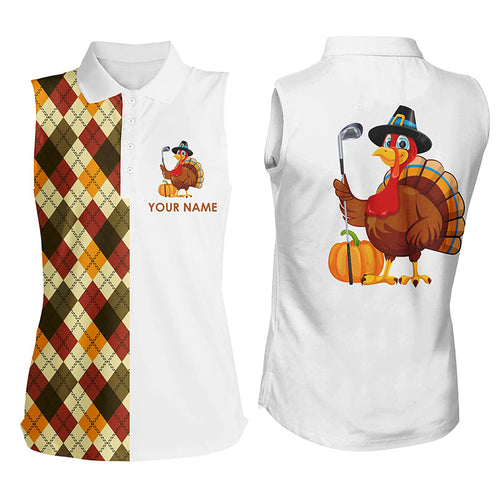 Thanksgiving argyle plaid pattern custom Women sleeveless polo shirt, Turkey Bird golf tops for ladies NQS6850