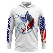 Load image into Gallery viewer, Sailfish fishing American flag patriotic Custom Name UV protection UPF 30+ fishing jersey, Gifts for Fisherman NQS2942