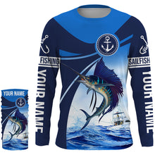 Load image into Gallery viewer, Sailfish fishing blue sea underwater ocean saltwater Custom Name performance long sleeve fishing shirt NQS3743