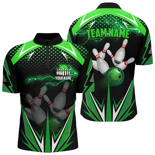 Black Men Bowling Quarter-Zip Shirt Custom green lightning team Mens Bowlers Jerseys bowling outfits NQS6589