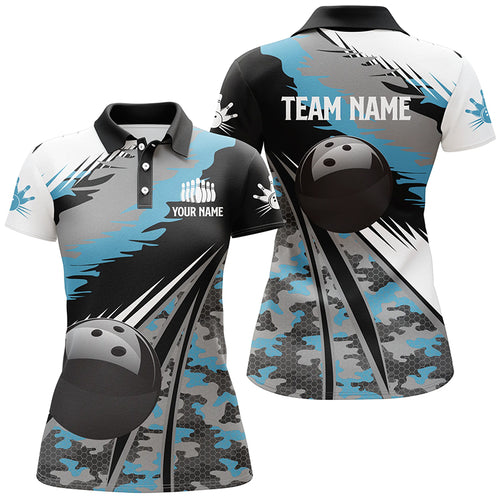 Women bowling polo shirts Custom black ball blue camo Bowling Team Jersey, gift for Bowlers NQS5247