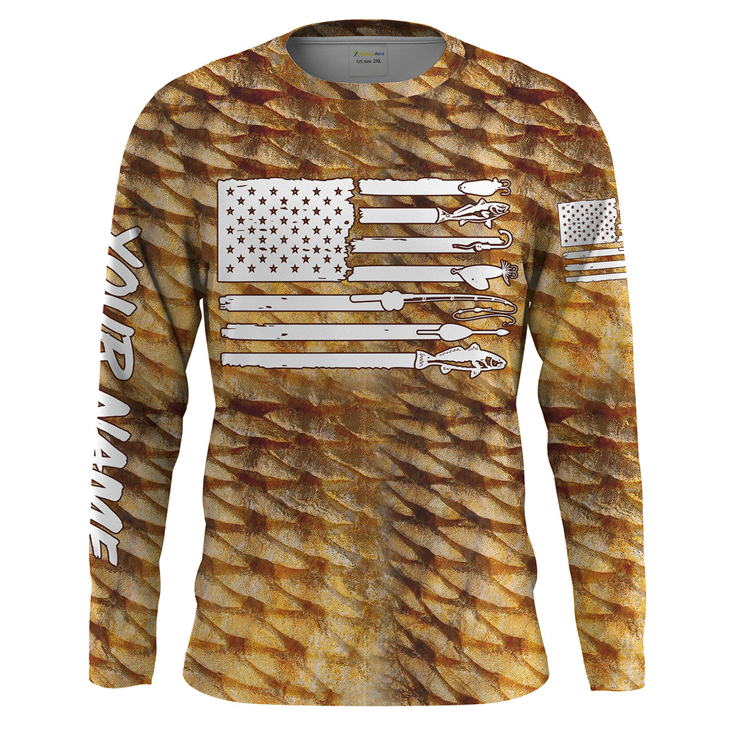 Redfish puppy drum Fishing American flag patriotic Customize Name long sleeves fishing shirts UPF 30+ NQS2220