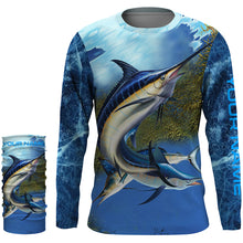 Load image into Gallery viewer, Marlin fishing blue deep sea Custom UPF fishing Shirts jersey, custom fishing shirts with hood NQS3217