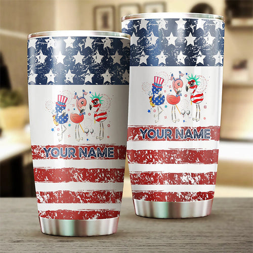 American flag flamingo tumbler Custom name Stainless Steel Tumbler Cup - personalized golf gifts NQS6398