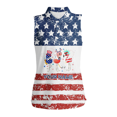 Funny American flag Flamingo women sleeveless golf polo shirts custom patriotic white ladies golf tops NQS6399